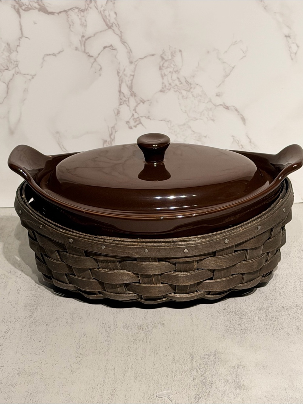 LONGABERGER Brown Ceramic Covered Casserole with Woven Basket Carrier.